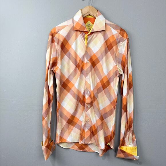 Steven Land Dress Shirt Size M Orange Plaid Trim Fit Bold Retro French Cuff 15.5 - Picture 1 of 10